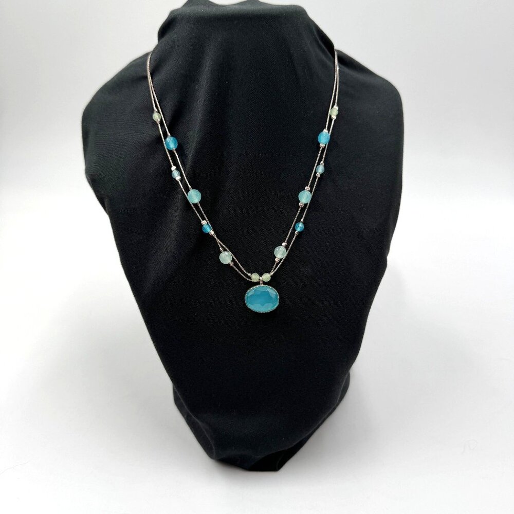 Sterling Silver Multi-Strand Aqua Chalcedony Ocean Blue Necklace 925 Israel